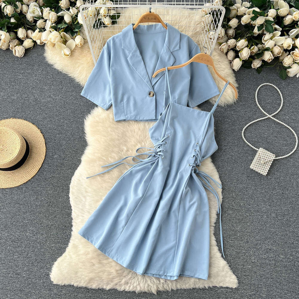 This Years Trend is Beautiful Two-piece Sets for Womens Summer Short Suits, Jackets with Straps, Waist Cinching, and Suspenders. Dresses Are Trendy BO