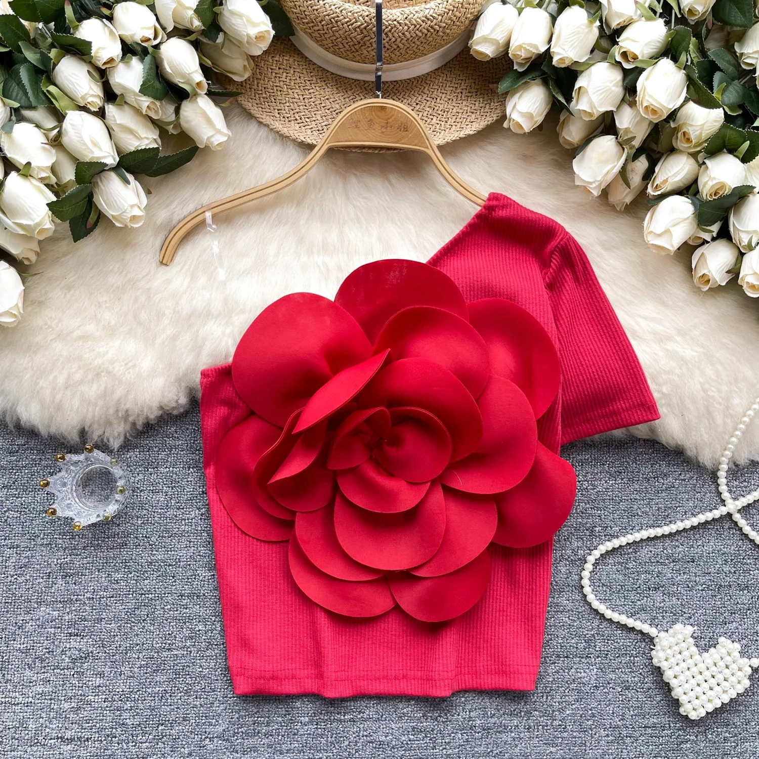 Summer Chic Skew Collar Off Shoulder Blouse Threedimensional flower pleated Slim Sexy Fashion Top sweet Women Shirt 240723