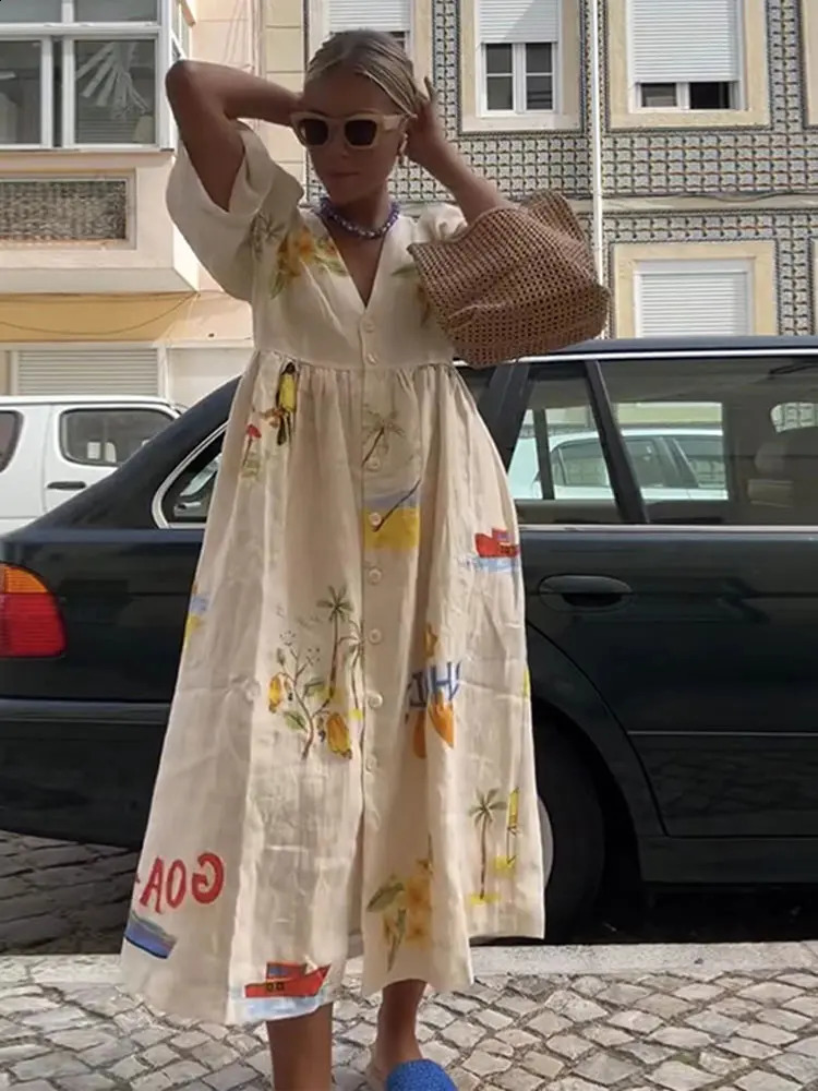 Fashion Print Cotton Linen Maxi Dress Women Casual Short Sleeves V-neck Loose Vestidos 2024 Female Chic High Streetwear 240723