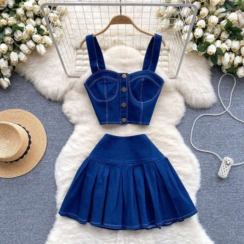 Chic Spicy Girl Style Short Camisole Vest Versatile Mini Skirt Denim Two-piece Set Trendy Bifurcated Novelty Sexy Short Temperament Silk Dress SKINNY 