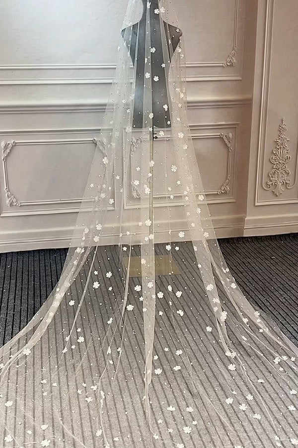 Simple Wedding Veil For Bride Flowers Pearls Bridal Veil Long Royal Cathedral Special Cut with Comb Veil White Ivory 3M Wedding Accessories