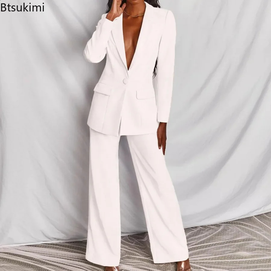 2024 Womens Formal Office 2PCS Sets Solid Blazer Suits and Pants Sets Slim Fit Womens Pants Suits Sets Temperament Tracksuits 240716