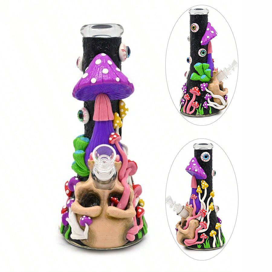 Glass Beark Bong With Cute Evil Eyes,Glow In Dark,Mushroom Bong,Monster & Skull Pipe,Borosilicate Glass Water Pipe,Hand Painted,Polymer Clay Glass Smo - view 3