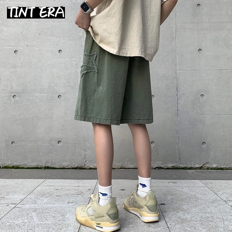 TINT ERA Y2K Mens Streetwear Breeches Star Korean Harajuku Pocket Denim Hip Hop Cargo Short Pants Grunge Bermudas Jeans Shorts 240717