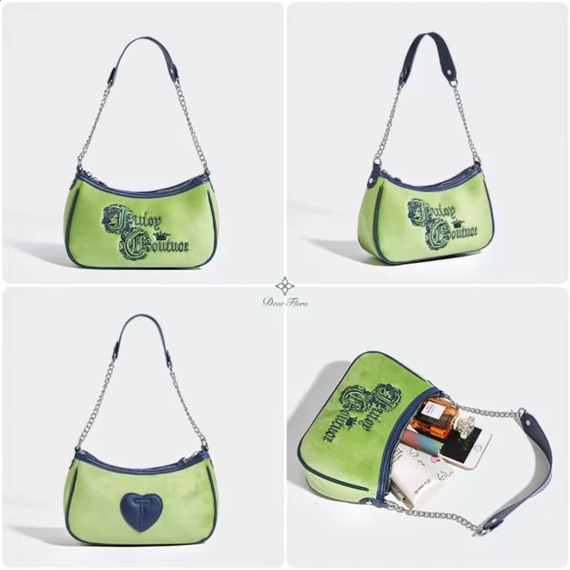 Y2K Vintage Korean Armpit Shoulder Green Underarm Tote Bag Ladies Sling Velvet Saddle Bag Women Zip Purses Party Bagutte Handbag 240730