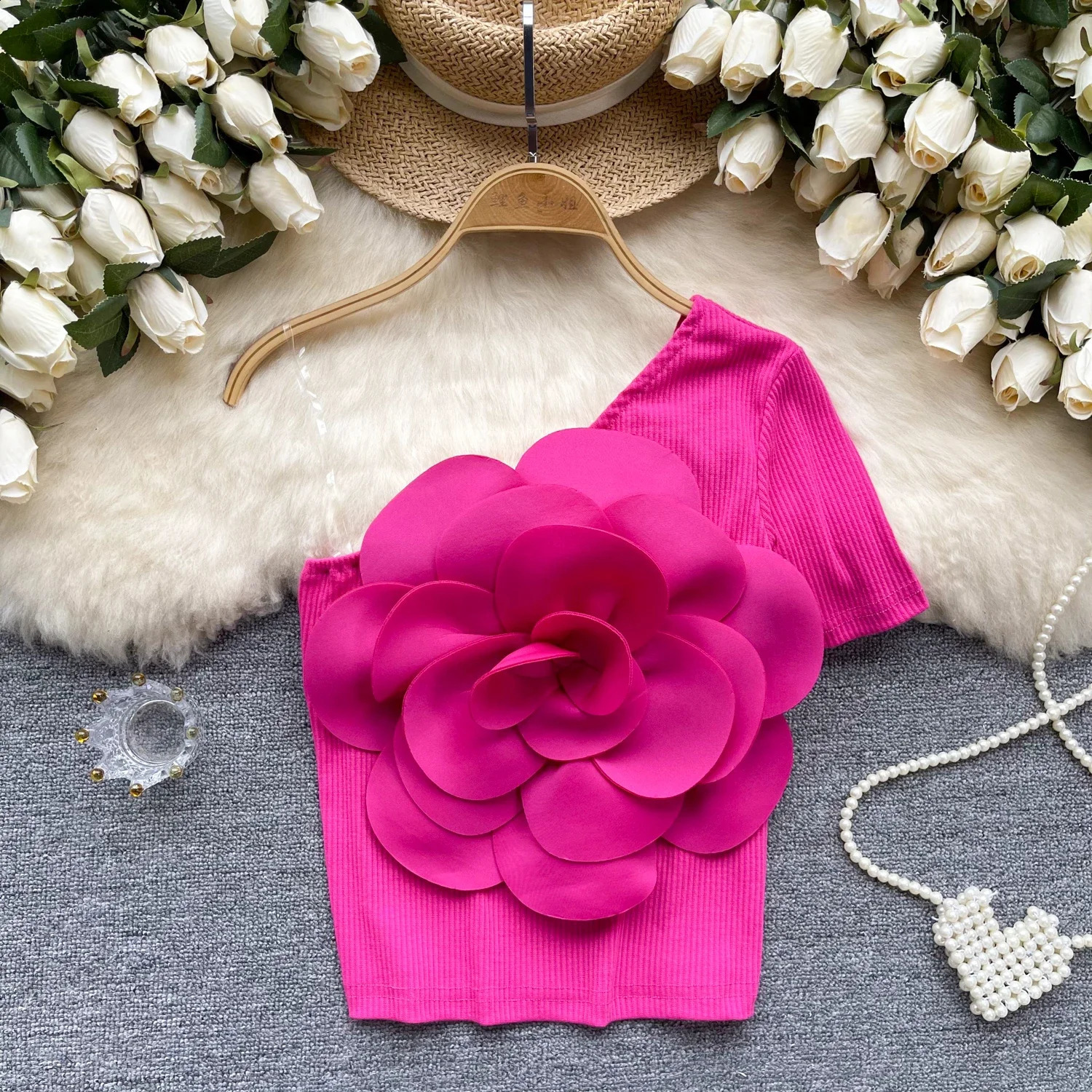 Summer Chic Skew Collar Off Shoulder Blouse Threedimensional flower pleated Slim Sexy Fashion Top sweet Women Shirt 240723