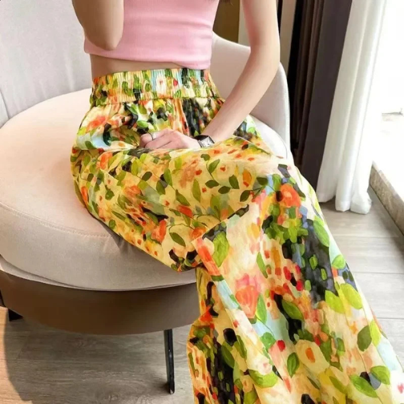 Summer Womens Pants Loose Beach Pants Casual Style Wide Leg Drawstring Comfortable Y2k Straight Floral Trousers Sweatpants 240723