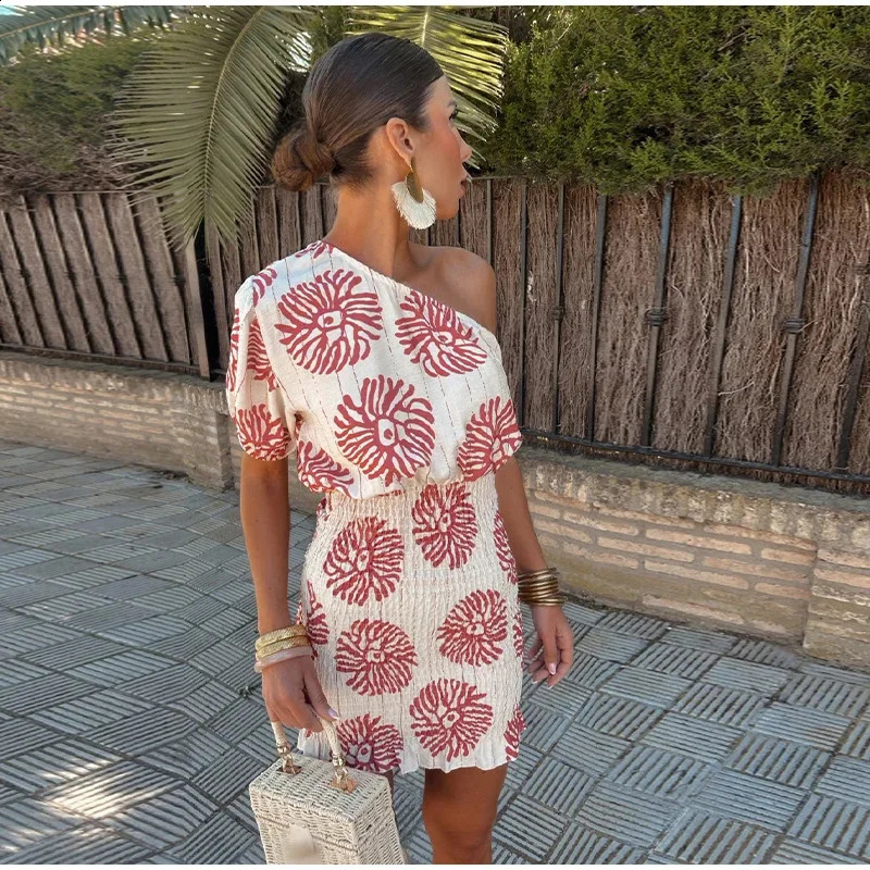 Women Elegant Slim Fit Mini Dress Irregular One Shoulder Summer Short Sleeve Print Dresses Streetwear Vintage Sexy Party Vestido 240723
