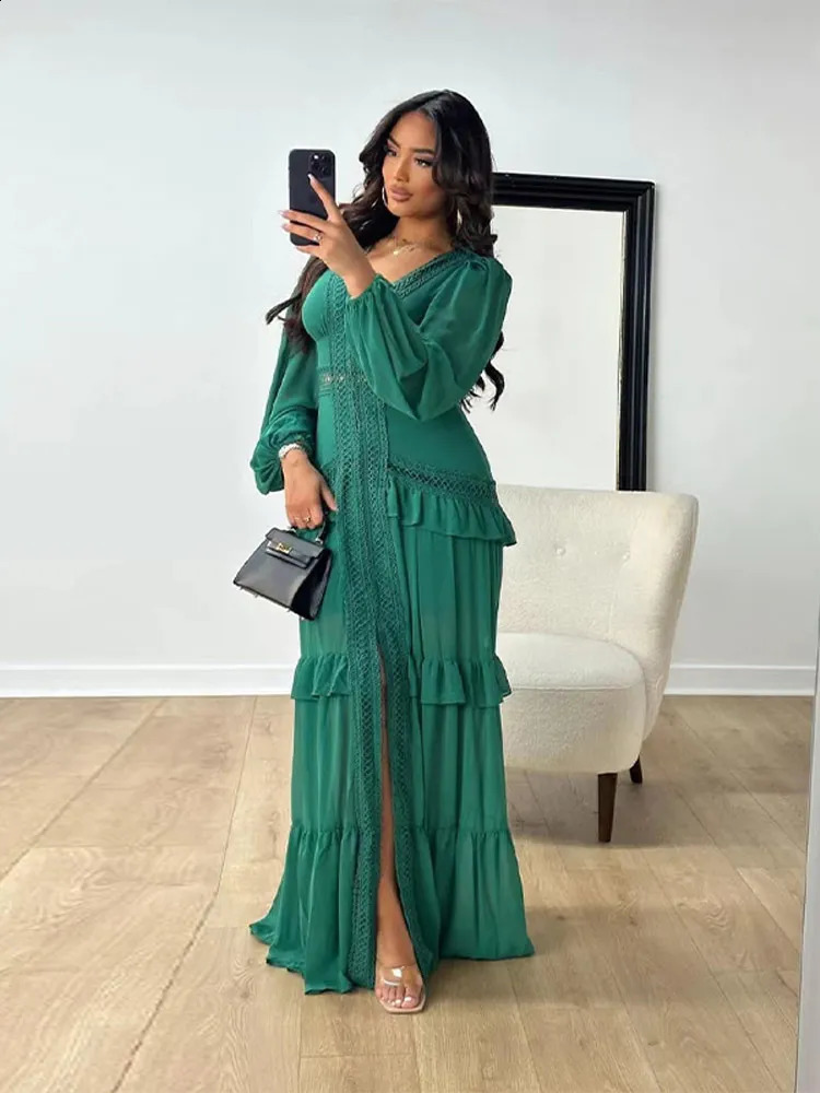 Elegant Hollow Lace Patchwork Ruffle Long Dress For Women Deep V-neck Lantern Sleeves Slim Maxi Dresses Evening Party Robes 240723