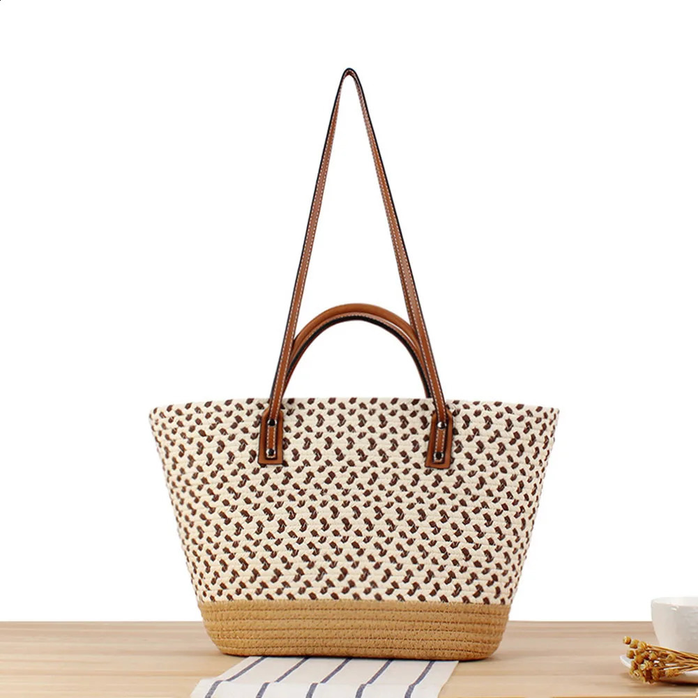 Women Woven Tote Bag Summer Beach Large Capacity Handmade Bohemian Patchwork for Shopping Commuting 240723