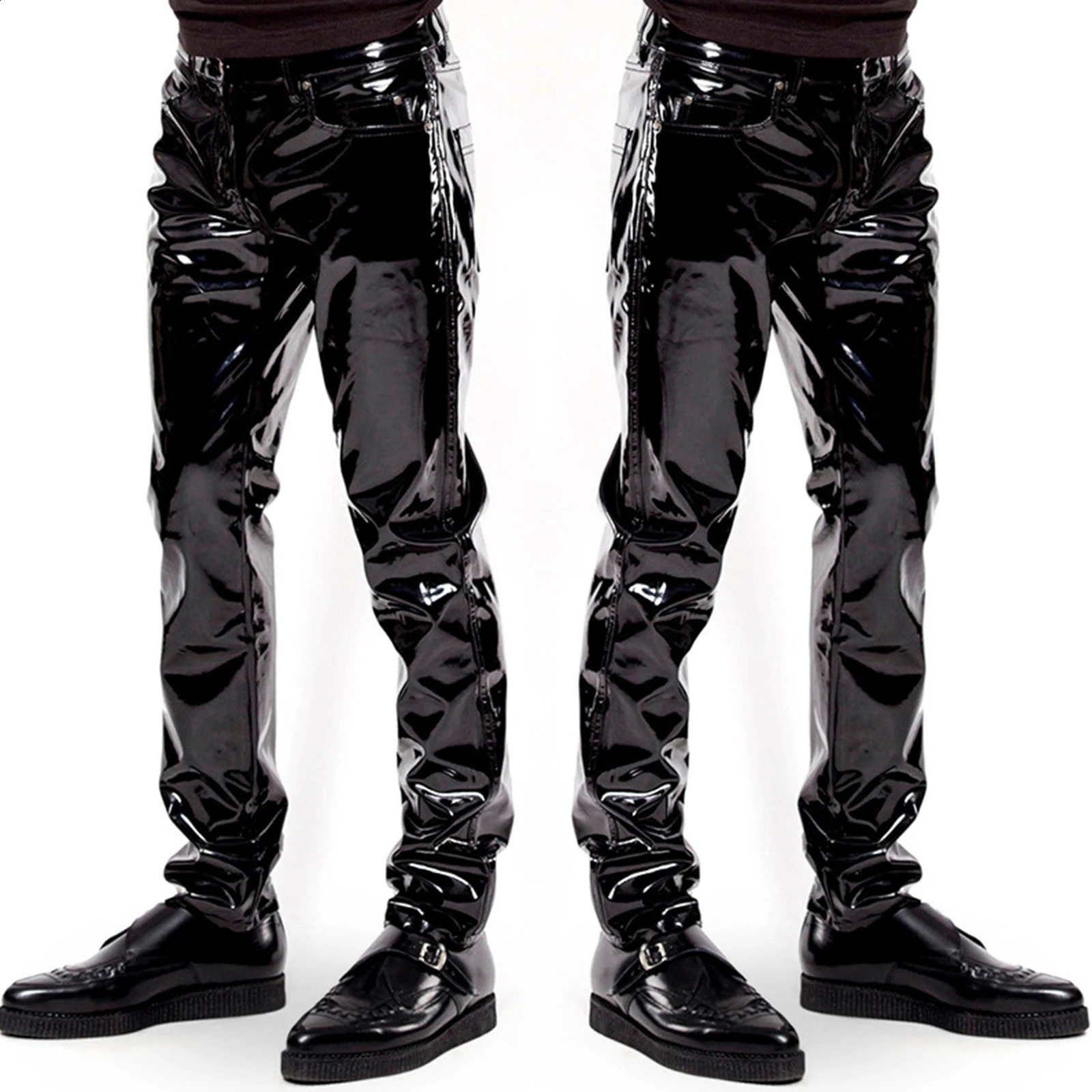 Male Black Patent Leather Motorcyle Biker Pants Glossy Mid Waist Straight Trousers Leather Pant Men Wet Look Rave Party Clubwear 240715