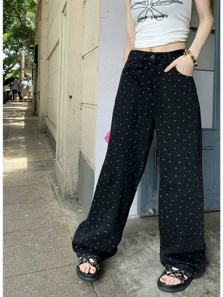 Black Polka Dot Straight Jeans Women High-waisted Loose Wide Leg Pants Autumn Winter Fashion Korean Y2k Streetwear Long Trousers 240812