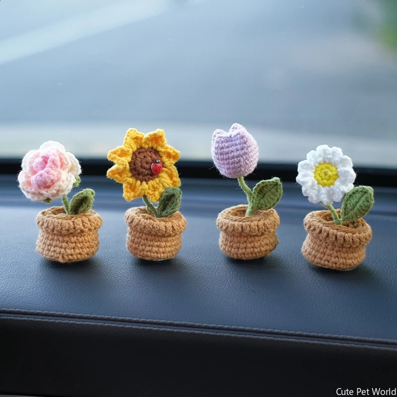 Mini crochet flower pot tulip sunflower plum blossom artificial handmade table decoration day gift wedding guest 240724