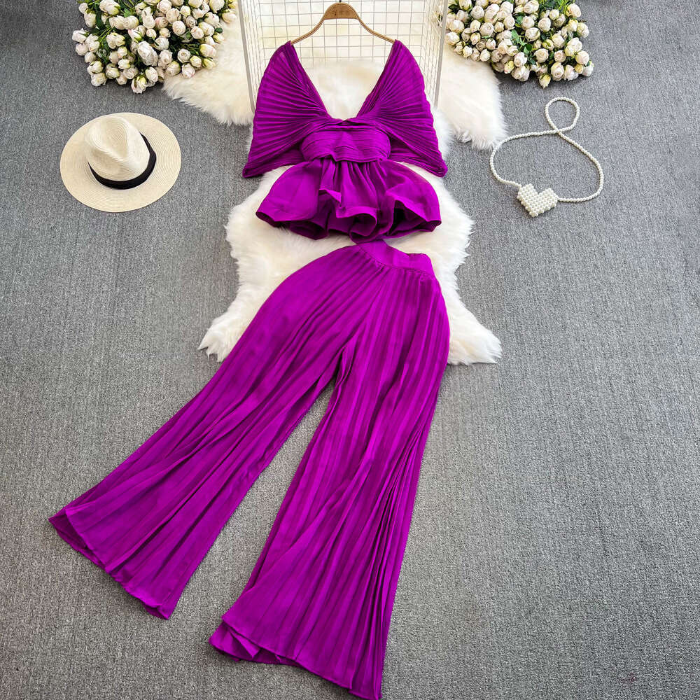Fashionable Suit for Women with Three Curtilages, Pleated Bat Sleeves, V-neck, Waistband, Lotus Leaf Hem Top, Two-piece Set of High Waisted Wide Leg P