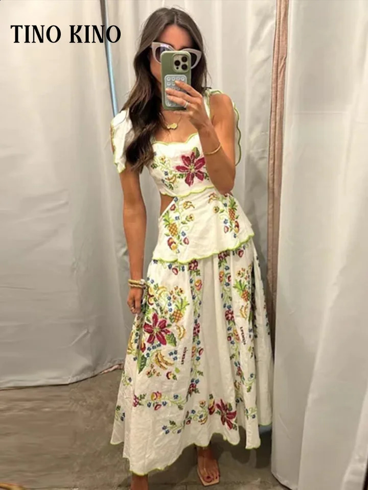 Chic Printed Hollow Out Long Dress Women Ruffles Lace Up Sleeveless Backless Sling Dresses 2024 Summer Chic Lady Holiday Robe 240723