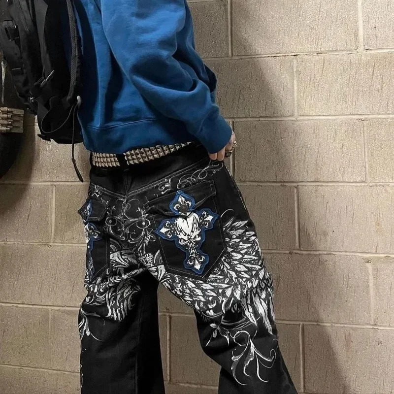 American skull geometric pattern street high waisted jeans for men 2000s retro hiphop fashion straight pocket pants 240724