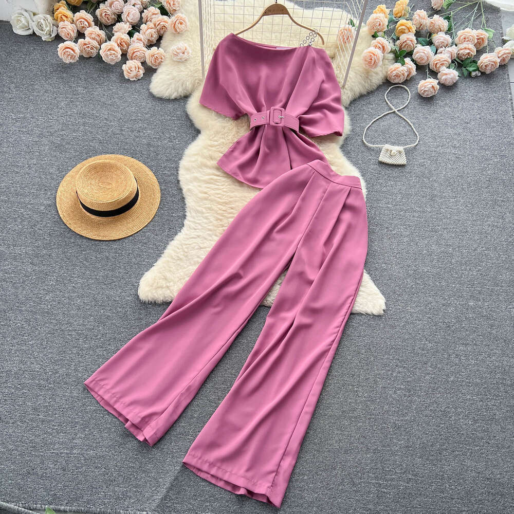 Light Mature Style Royal Sister Womens Summer 2023 New One Off Shoulder Top Versatile Wide Leg Pants Two Piece Set Trendy Novelty Short Waist Round Ne