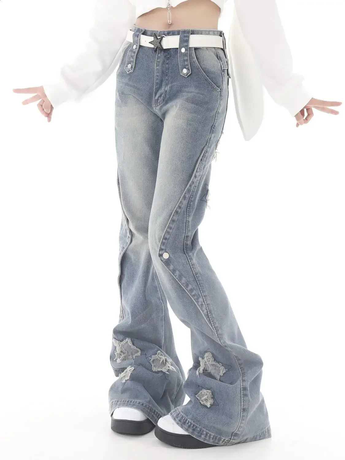Women Blue Y2k Star Flare Jeans Vintage Cowboy Pants Harajuku Denim Trousers 90s Streetwear 2000s Trashy Clothes 240724