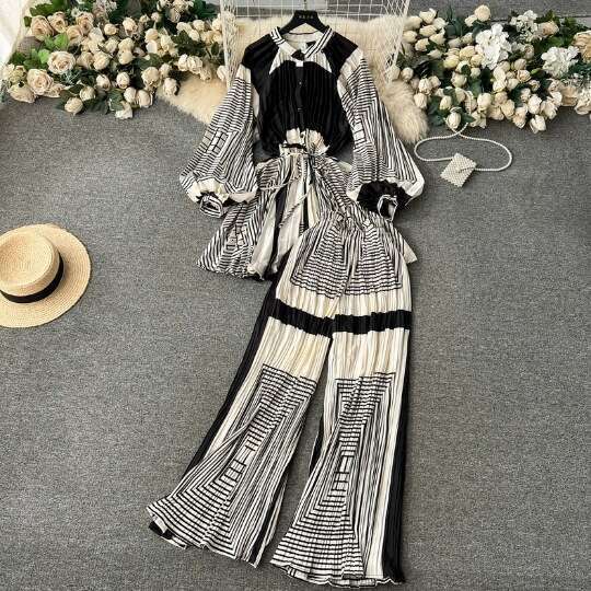 Elegant and Sophisticated Style, Waist Cinched Printed Chiffon Top Shirt, Loose Casual Pleated Harlan Pants Set Short Temperament BOHO DRESS