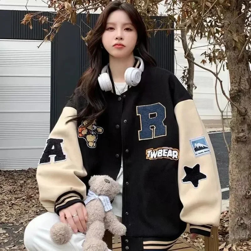 Hip Hop Varsity Bomber Y2k Jacket Women Spring Baseball Jackets Streetwear Baseball Coat Casual High Quality Patchwork Outwear 240808