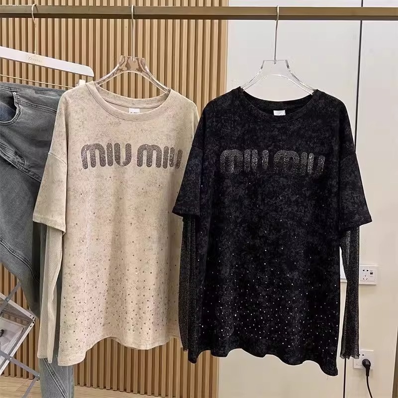 Extra Large 2-300kg Fat mm Heavy Industry Hot Rolled Diamond Letter Full Sky Star Design Sensory Fake Two Lace Long sleeved T-shirts for Women