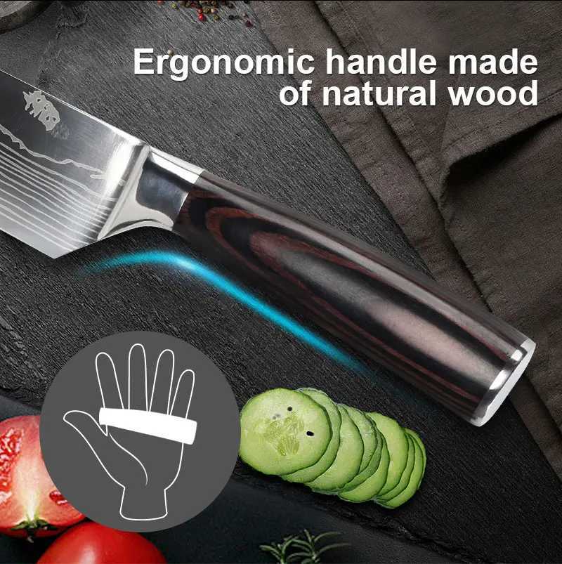 7CR17 Japanese Kitchen Knife Set Laser Damascus Pattern Chef Knife Sharp Santoku Chop and Slice Practical Knife Tool X241102