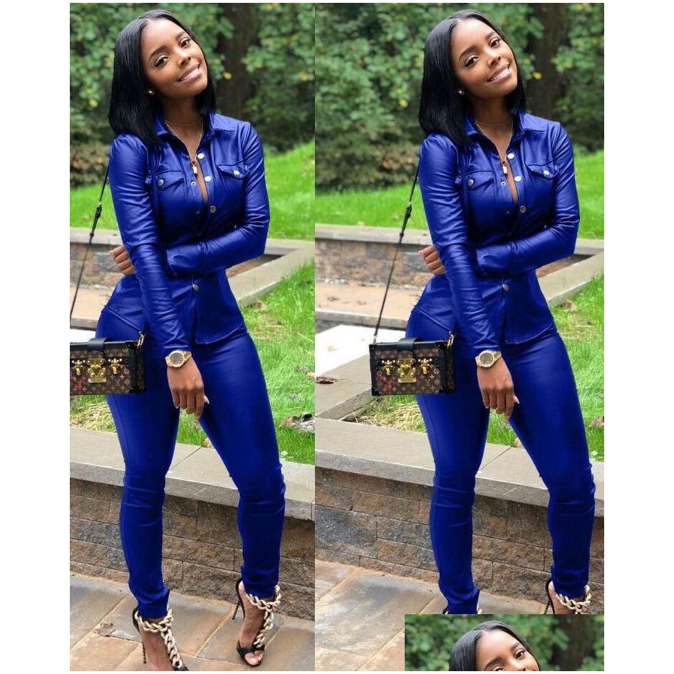 Womens Two Piece Pants Spring Autumn Crop Leather Jacket And Tracksuit Joggers Set Jogging Suits For Women Drop Delivery Apparel Cloth Dhnrw