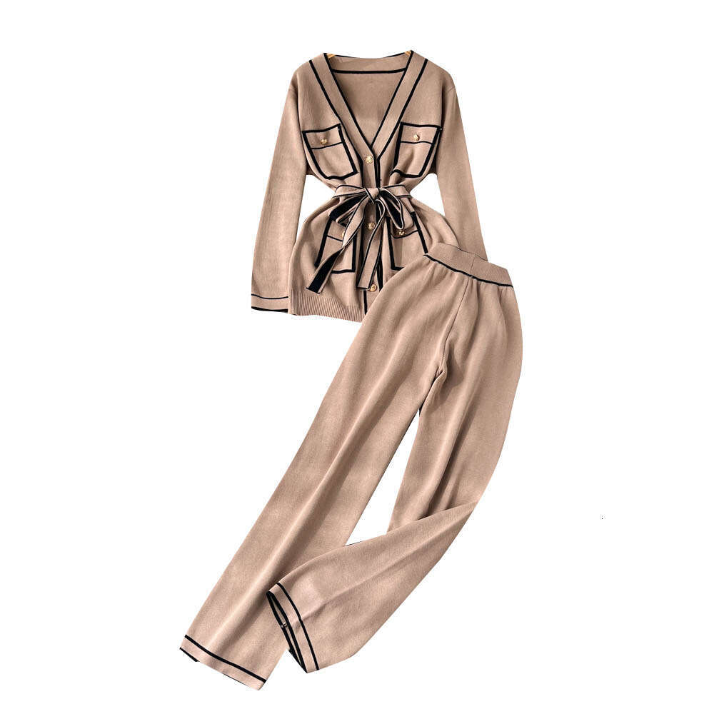 Autumn and Winter Gentle Wind Contrast Color for Women+long Sleeved V-neck Lace Up Knitwear+hanging Wide Leg Pants Two Piece Set High Waist Dress Deni