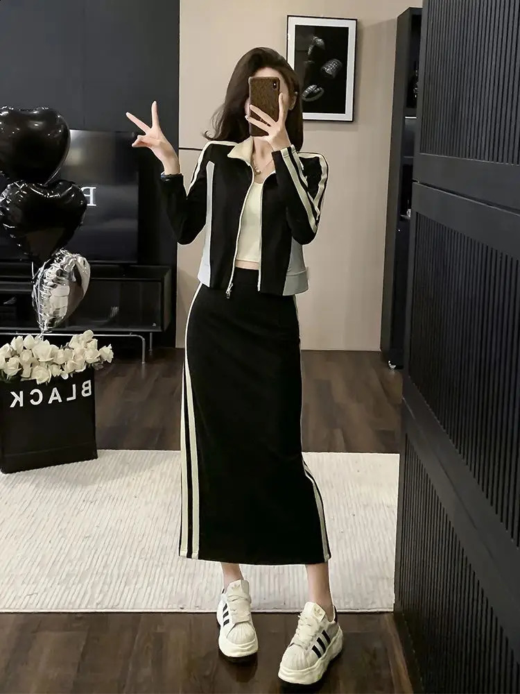 Womens Spring Autumn Sporty Coat Skirts Two Piece Set Casual Zipper Patchwork Jackets Skirt Outfits Run Clothing Sets 240724