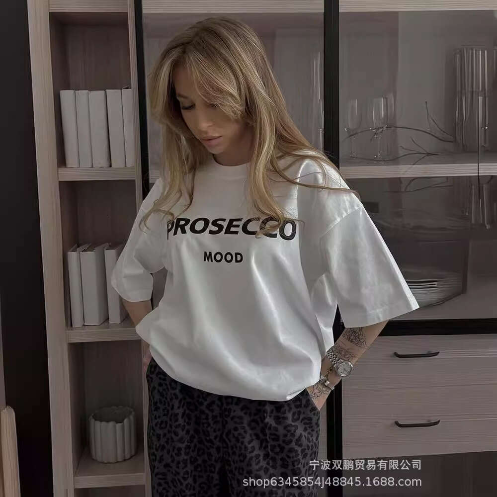 free shipping2024 American Letter Printed T-shirt Women's Pure Cotton Round Neck Loose Short Sleeved Top INS Style