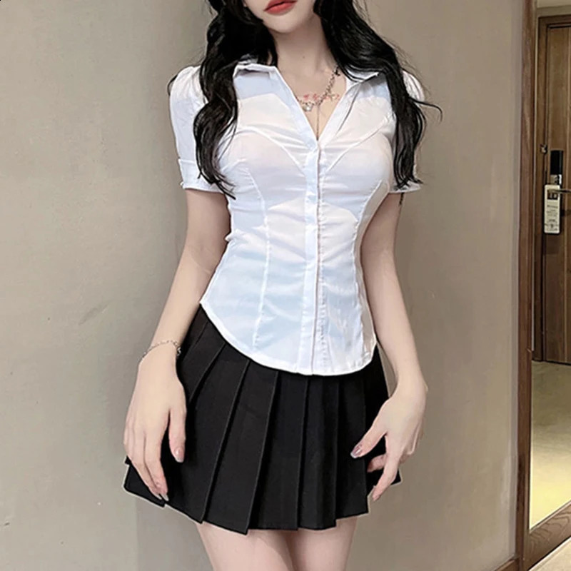 Xpqbb White Shirts for Women Korean Style Slim Fit Short Sleeve Cropped Blouse Ladies Preppy Student Turndown Collar Shirt 240723