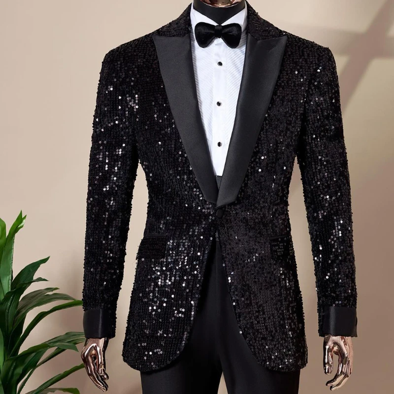 Shining Sequins Men Blazer Slim Fit Peak Lapel Suit Jacket One Button 1 Pc Tailored Groom Wedding Party Jacket for Prom