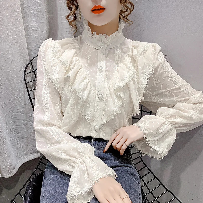 Korean Style Ruffle Stitching Lace Blouse Fashion Long Sleeve Loose Chiffon Shirt Elegant Stand Collar Pleated Tops Blusas 15832 240723