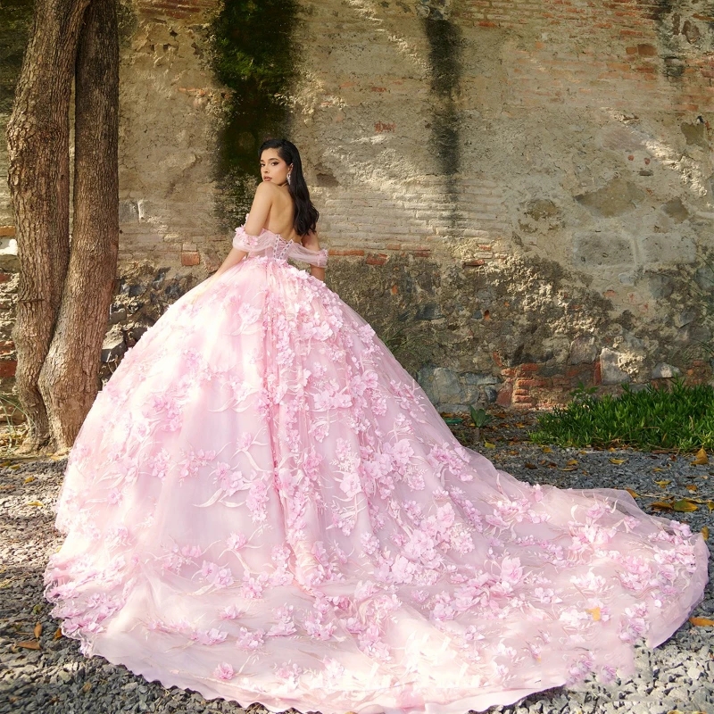 Pink Sexy Sweetheart Quinceanera Dress Sweet Beading Appliques 3D Flower Tull 16Year Old Girl Princess Birthday Party Ball Dress