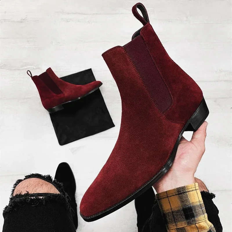 Chelsea Boots Men Handmade Business Black Red Slip on Flock Pu Cowboy Boots Sapato Masculino Men Boots 240719