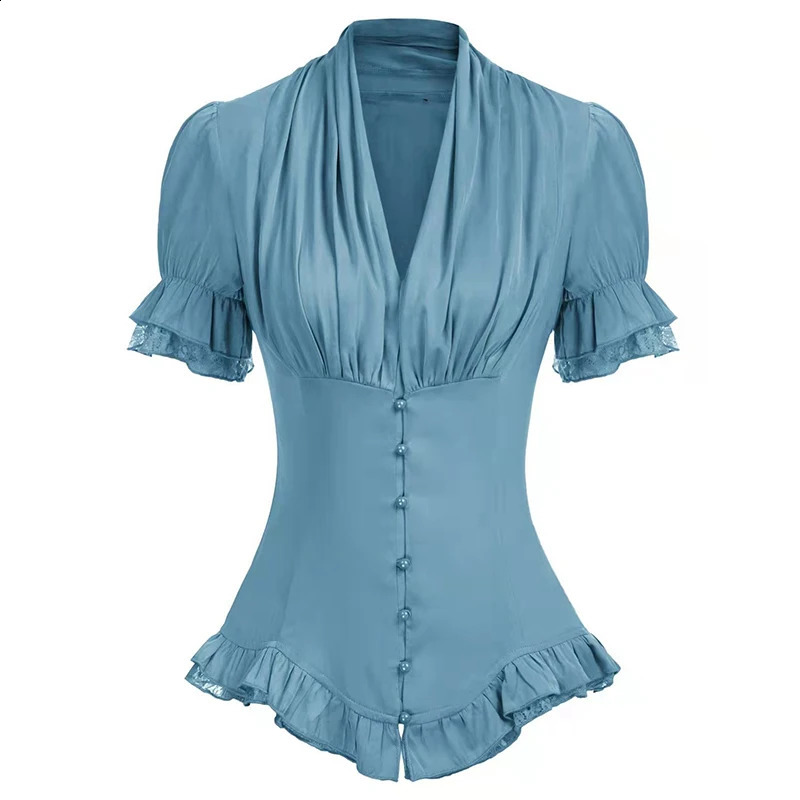 Vintage Victorian Blouse for Women Short Sleeve V Neck Lace Chiffon Slim Corset Shirt Tops 240723