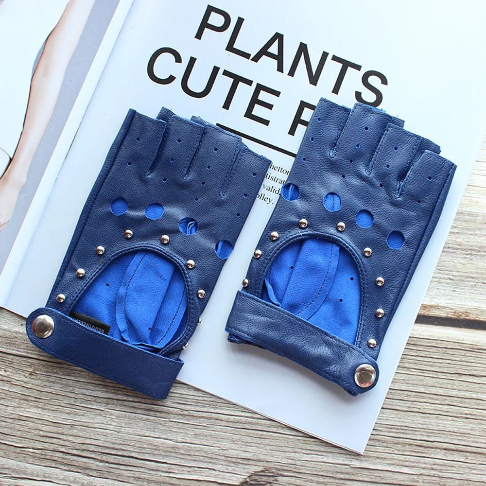 Half Finger Women Leather Gloves Spring And Summer Thin Goatskin Mittens Hollow Short Sports Riding Driver Colour Gloves 240713