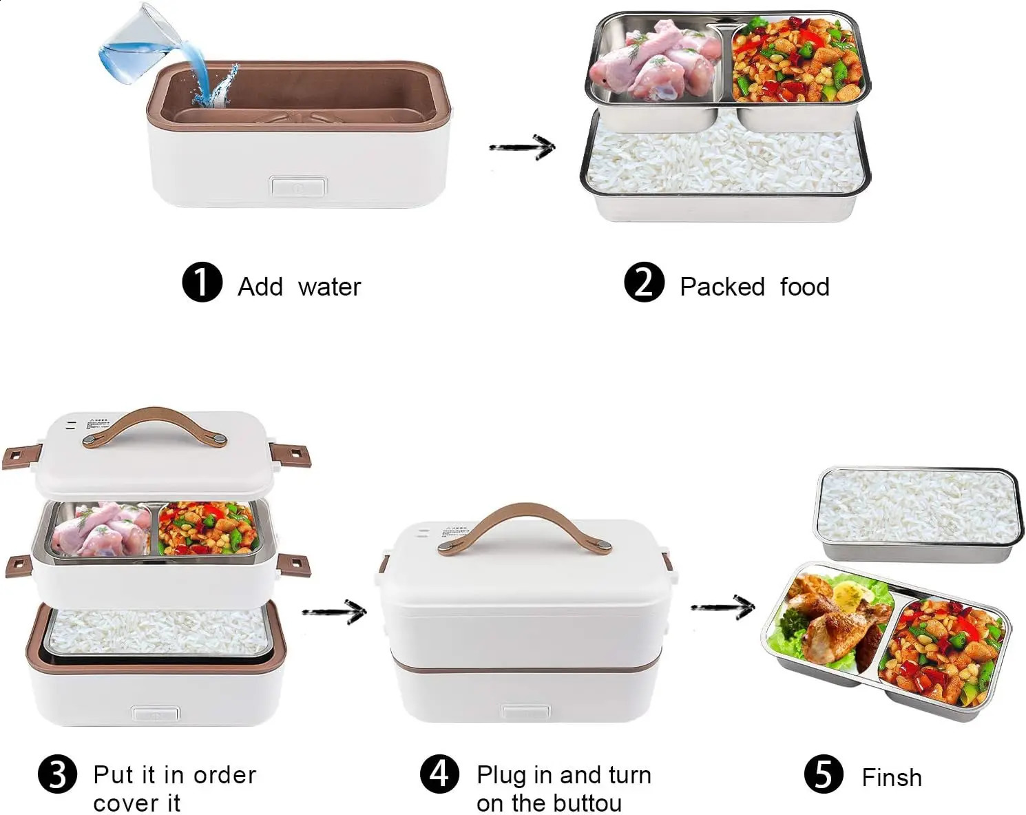 Self Cooking Electric Lunch Box Portable Food Warmer for OntheGoRice Cooker 2 Layers 800ML Heated Home Office 240716