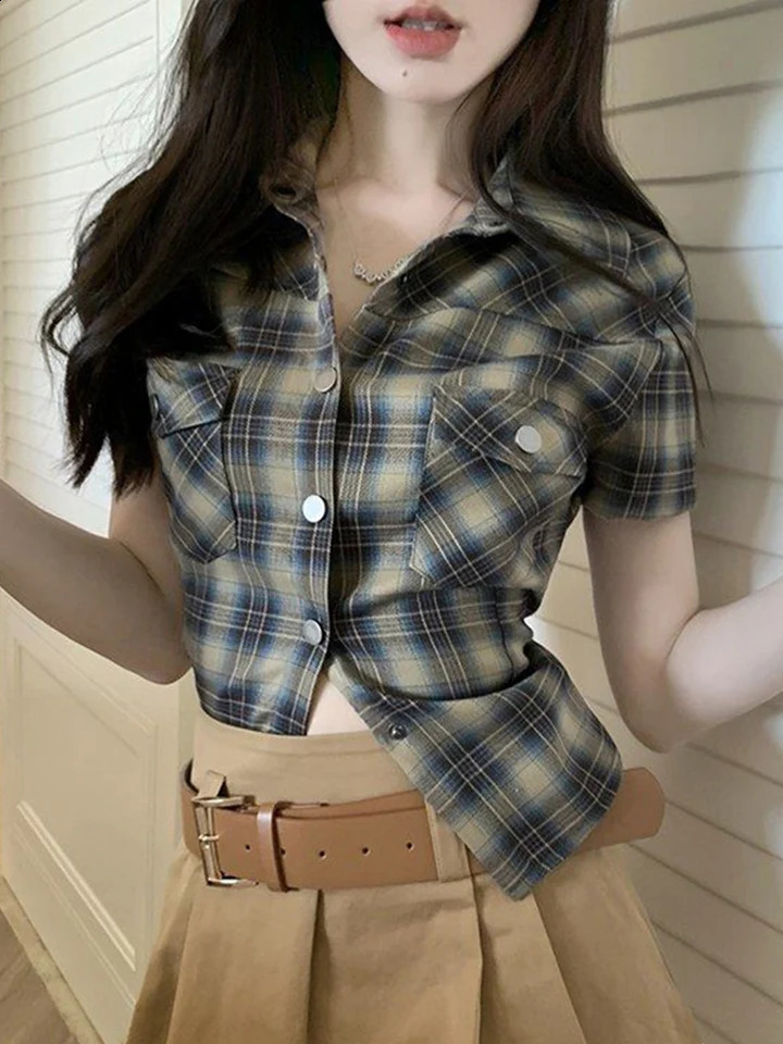 Zoki Vintage Slim Women Plaid Shirt Casual Harajuku Short Sleeve Blouse Summer Retro Korean Single Breasted Simple Lady Tops 240723