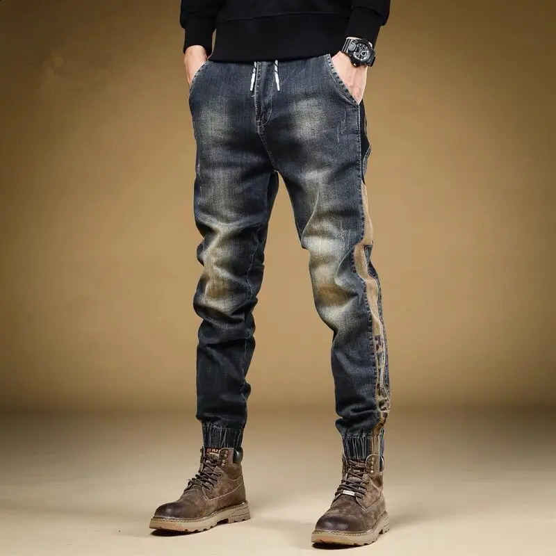 Trousers with Print Stretch Male Cowboy Pants Elastic Cargo Jeans for Men Korean Autumn Aesthetic Regular Winter Trend Y2k 240717