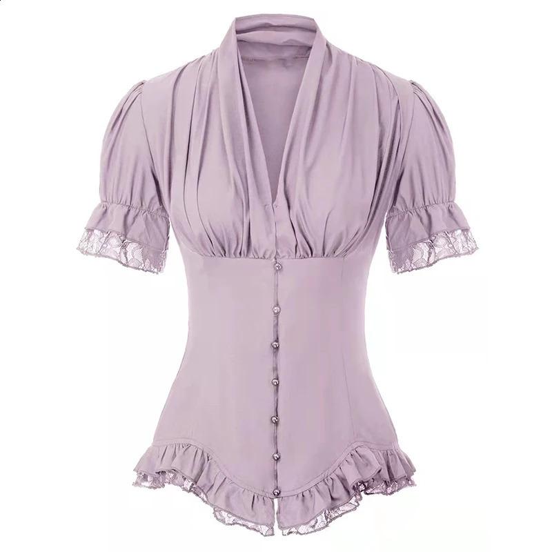 Vintage Victorian Blouse for Women Short Sleeve V Neck Lace Chiffon Slim Corset Shirt Tops 240723