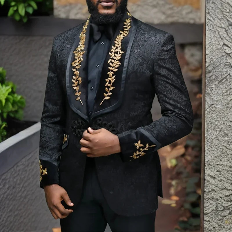 Black Floral Men Suits with Buttons Shawl Lapel Jacket with Pants 2 Piece Groom Tuxedo Blazer Trousers 240723