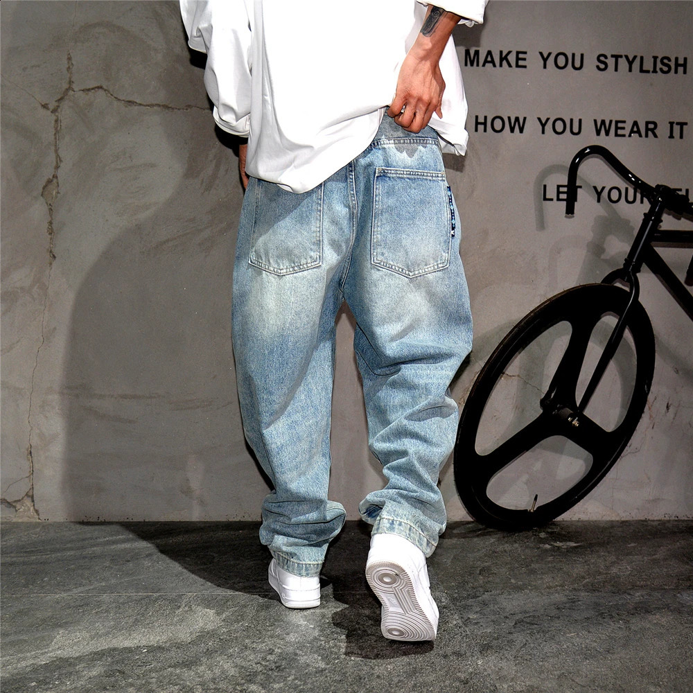 High quality vintage light blue baggy jeans men clothing korean fashion Denim cargo pants streetwear Skateboard trousers male 240724