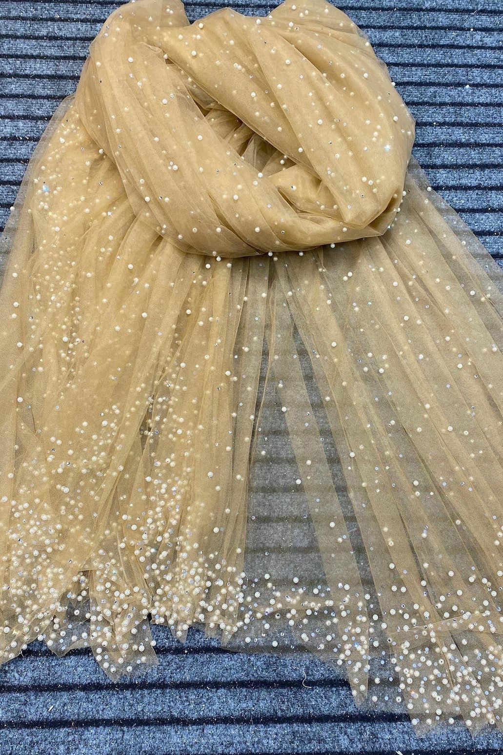 Bridal Veils Spray Champagne Pearls Beading Long Wedding Veil Mariage With Comb One Layer Bride Accessories