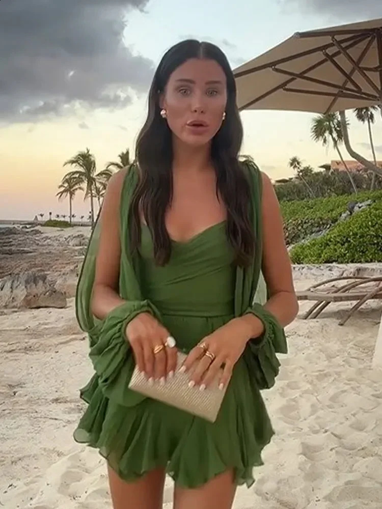 Sexy Green Pleated Mini Dress For Women Elegant V-neck Split Long Sleeve A-line Dresses Summer Lady Solid Backless Lace Up Robes 240724
