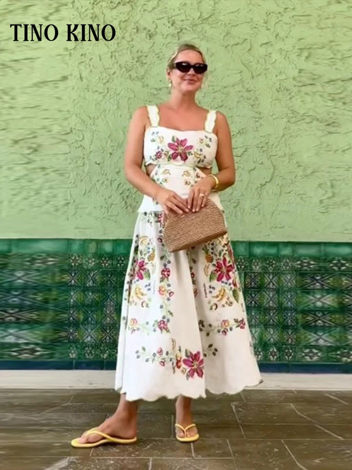 Chic Printed Hollow Out Long Dress Women Ruffles Lace Up Sleeveless Backless Sling Dresses 2024 Summer Chic Lady Holiday Robe 240723