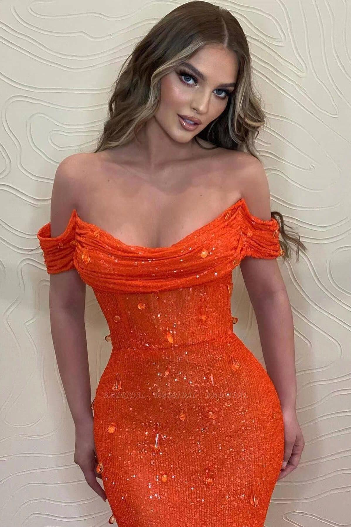 Brilliant Mermaid Prom Dresses Off Shoulder Evening Gown Beaded Sequin Crystal Sweep Train Custom Party Dress BC19248