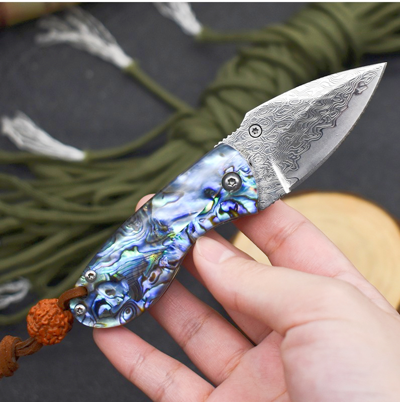 Factory Price A1902 Folding Knife Damascus Steel Blade Abalone shell/Stainless Steel Handle EDC Pocket Folder Knives Best Gift