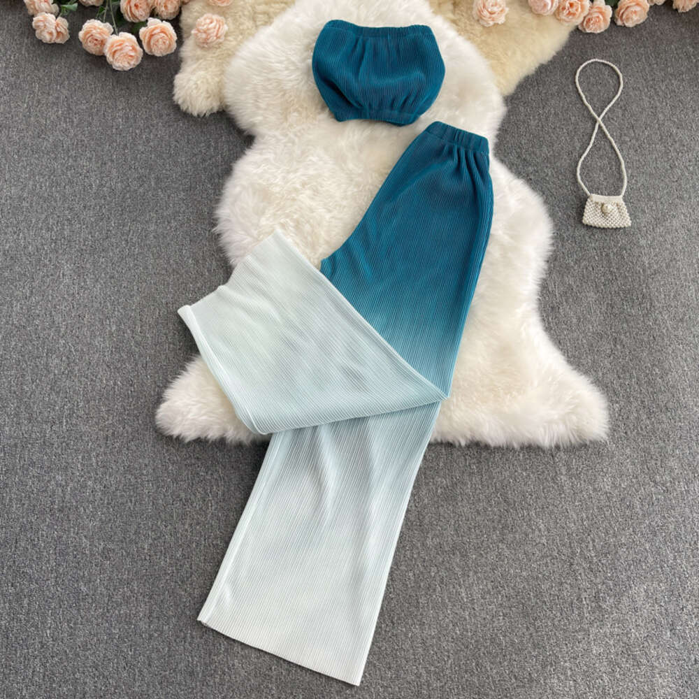 Internet Celebrity Explosive Street Set, Womens Summer New Sexy Strapless Top, Versatile Gradient Color Wide Leg Pants, Fashionable Two-piece Set