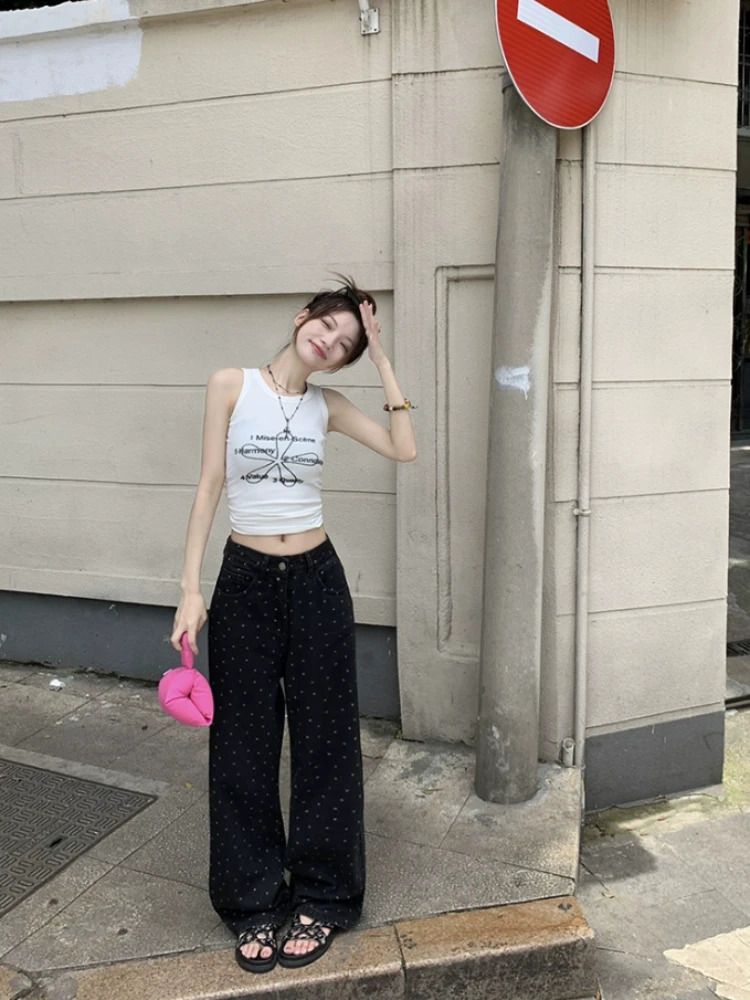 Black Polka Dot Straight Jeans Women High-waisted Loose Wide Leg Pants Autumn Winter Fashion Korean Y2k Streetwear Long Trousers 240812